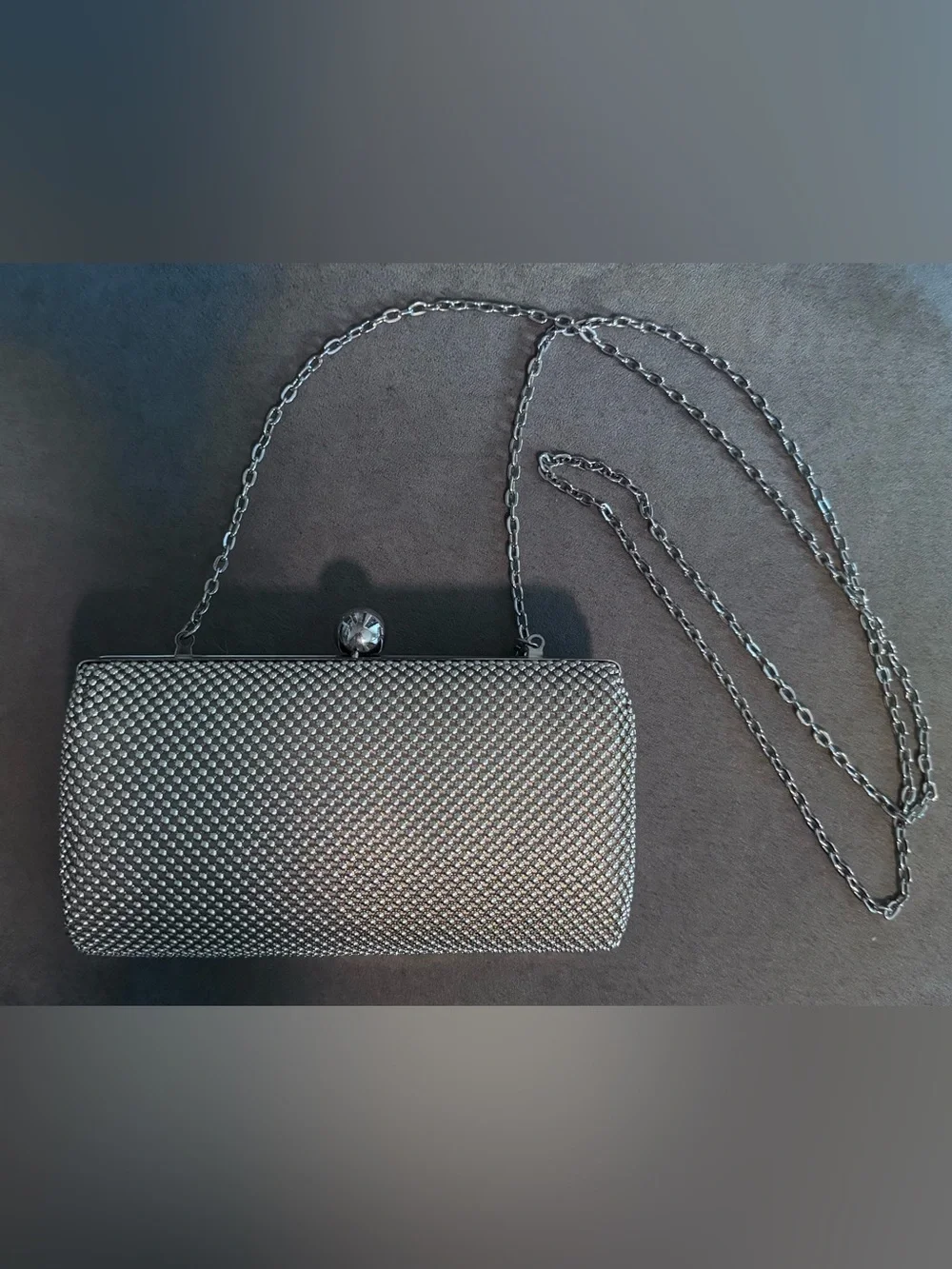 Jessica McClintock Silver Beaded Mesh Evening Clutch with  Chain Strap